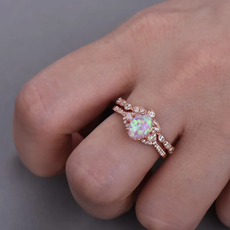 1.2 Carat Oval Pink Opal Rose Gold Engagement Ring Set 925 Sterling Silver CZ Diamond