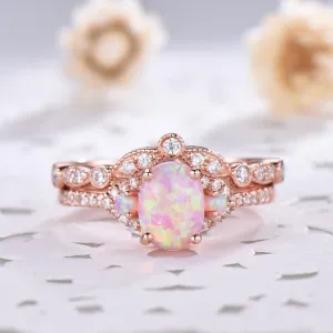 1.2 Carat Oval Pink Opal Rose Gold Engagement Ring Set 925 Sterling Silver CZ Diamond