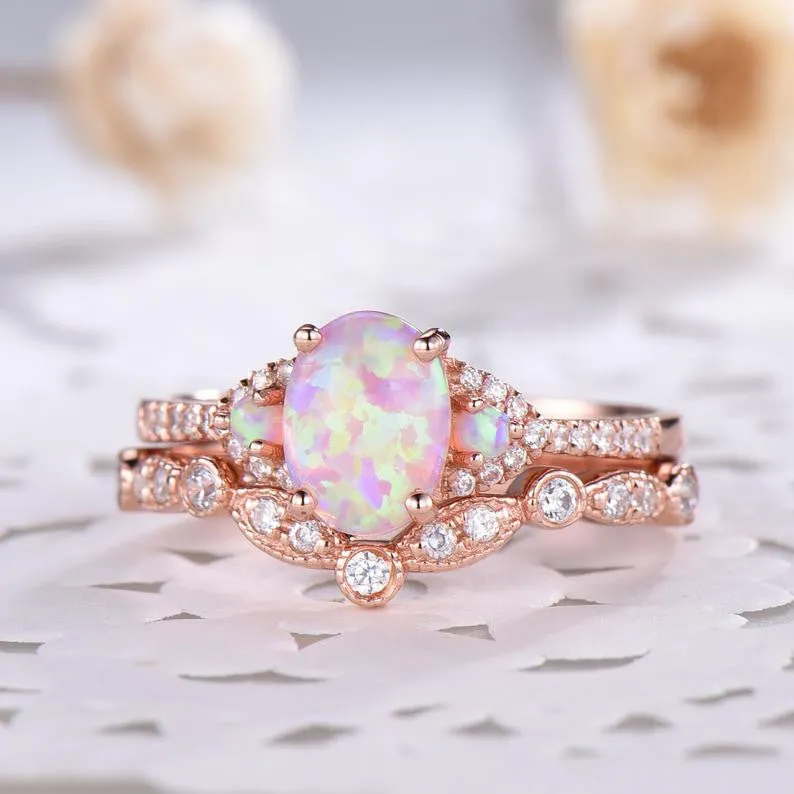 1.2 Carat Oval Pink Opal Rose Gold Engagement Ring Set 925 Sterling Silver CZ Diamond