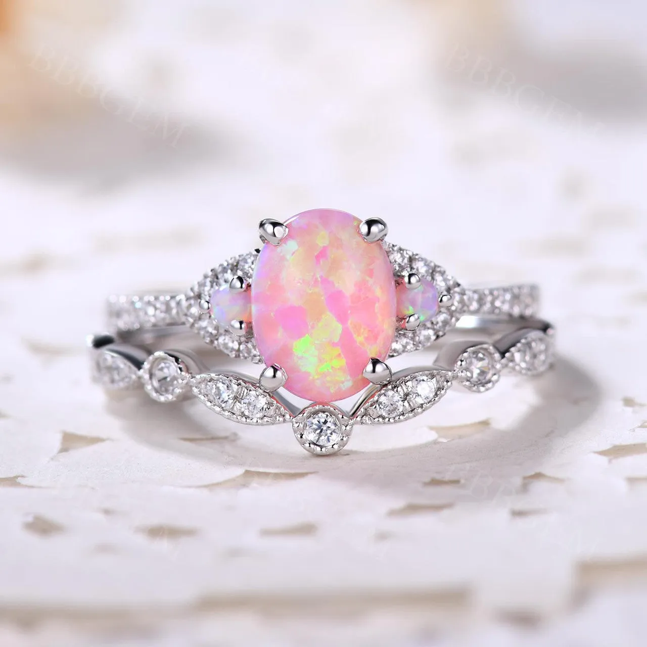 1.2 Carat Oval Pink Opal Rose Gold Engagement Ring Set 925 Sterling Silver CZ Diamond