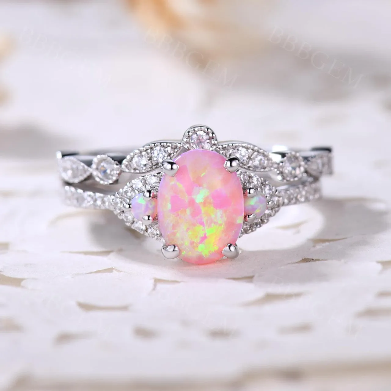 1.2 Carat Oval Pink Opal Rose Gold Engagement Ring Set 925 Sterling Silver CZ Diamond