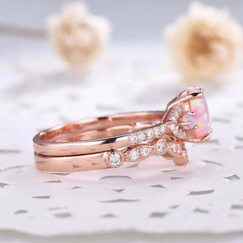 1.2 Carat Oval Pink Opal Rose Gold Engagement Ring Set 925 Sterling Silver CZ Diamond