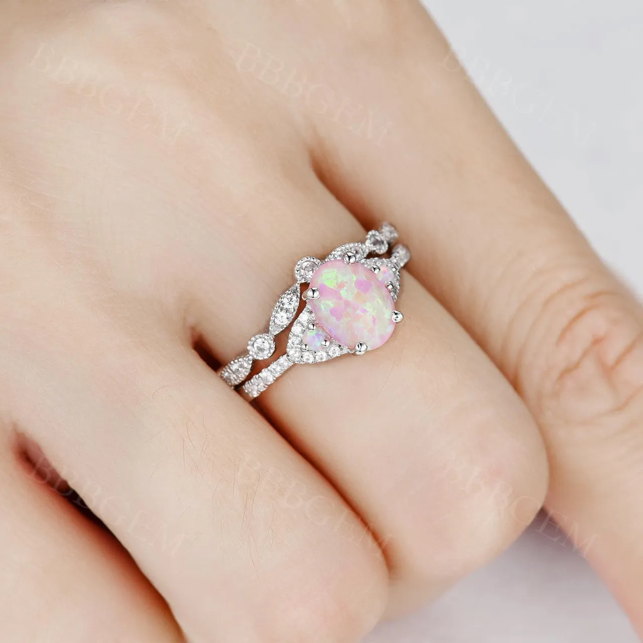 1.2 Carat Oval Pink Opal Rose Gold Engagement Ring Set 925 Sterling Silver CZ Diamond