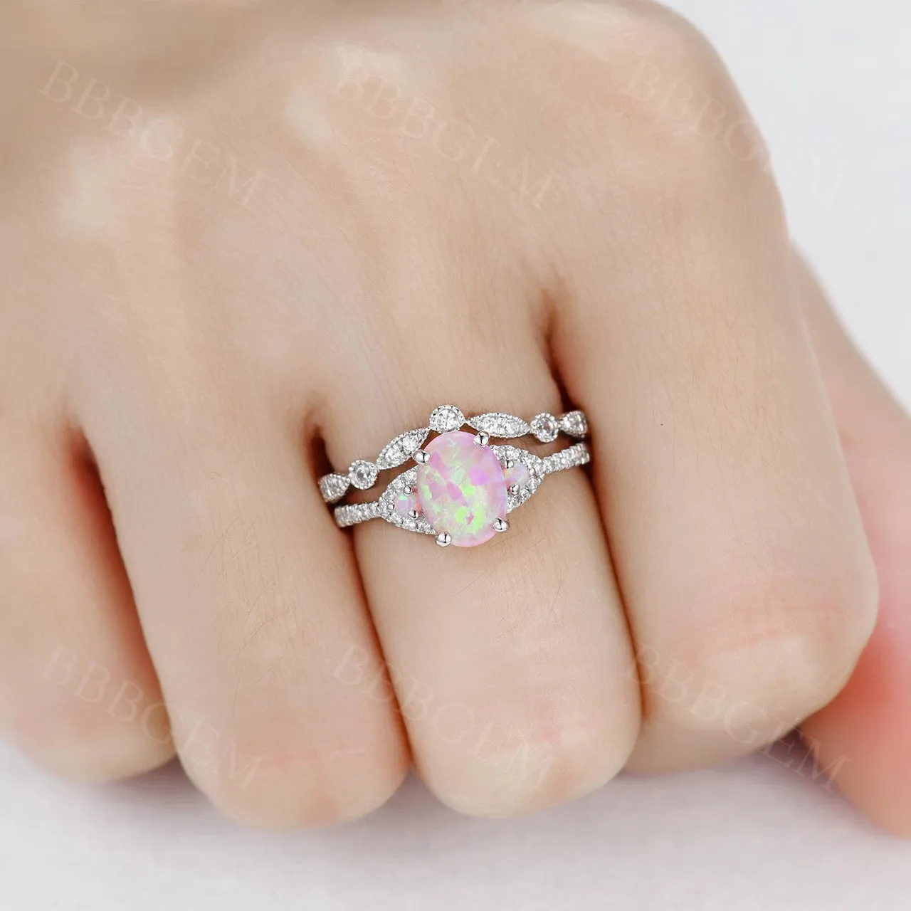 1.2 Carat Oval Pink Opal Rose Gold Engagement Ring Set 925 Sterling Silver CZ Diamond