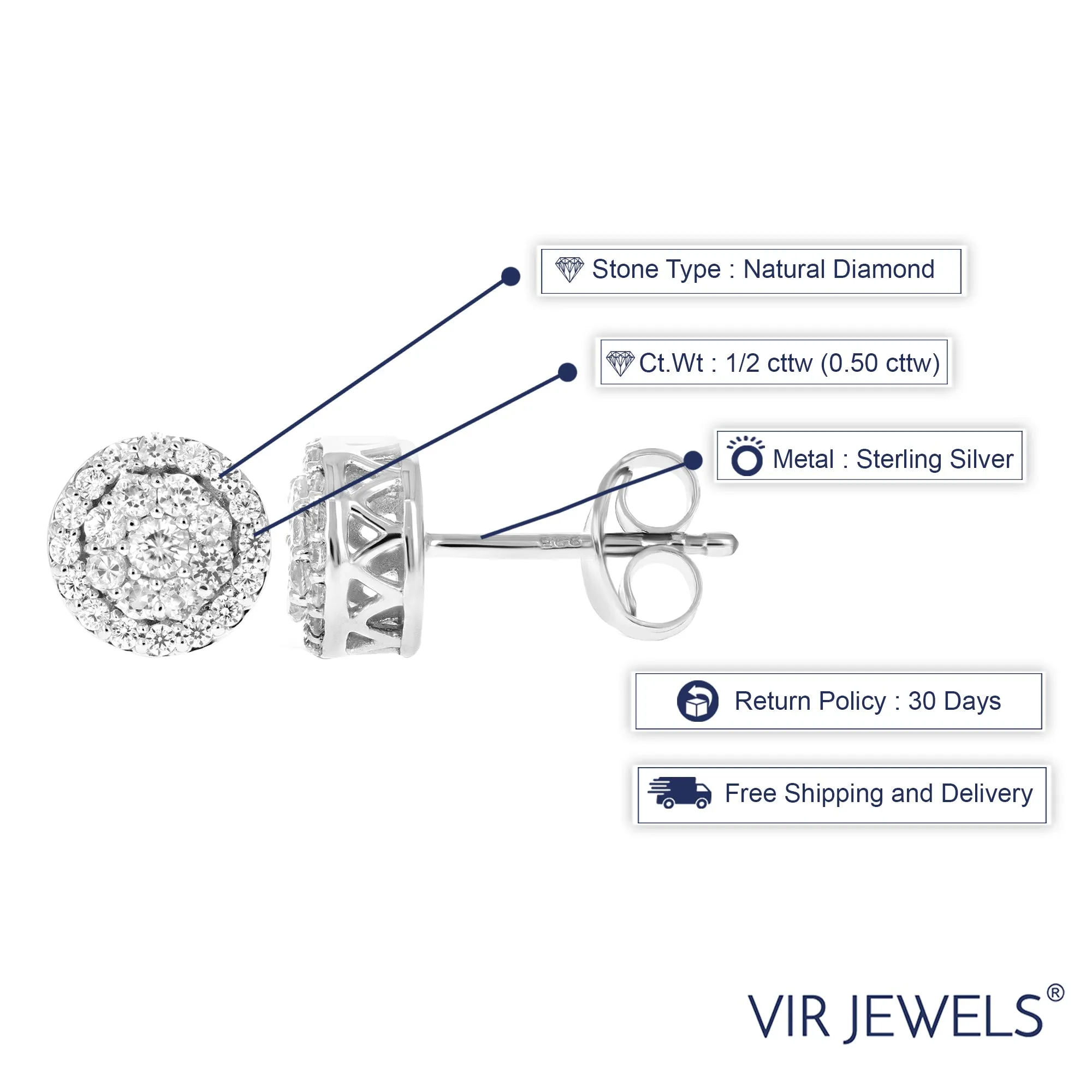 1/2 cttw Round Diamond Stud Earrings in .925 Sterling Silver With Rhodium