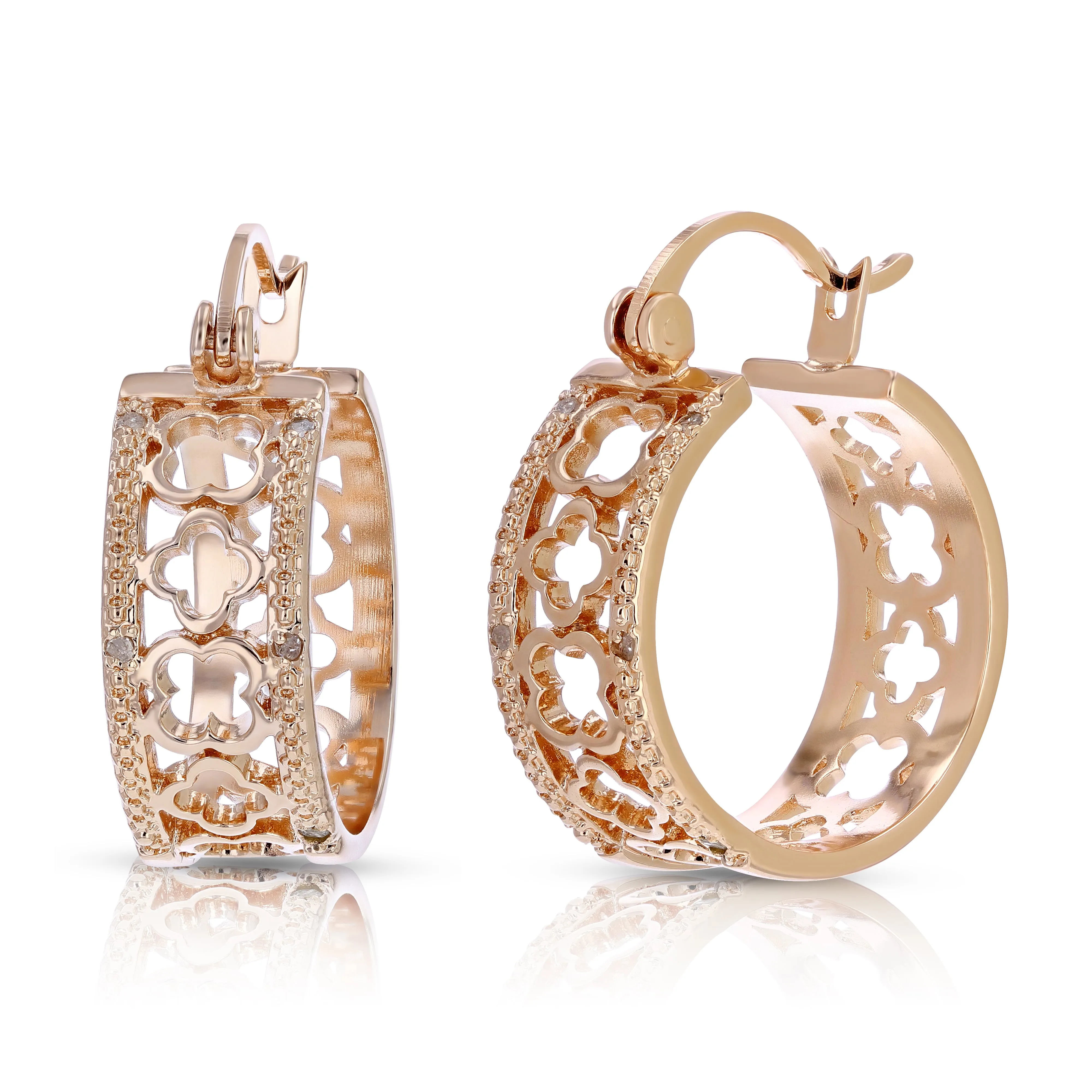 1/20 cttw Diamond Hoop Earrings Pink Gold Plated over Brass Clover 1/2 Inch