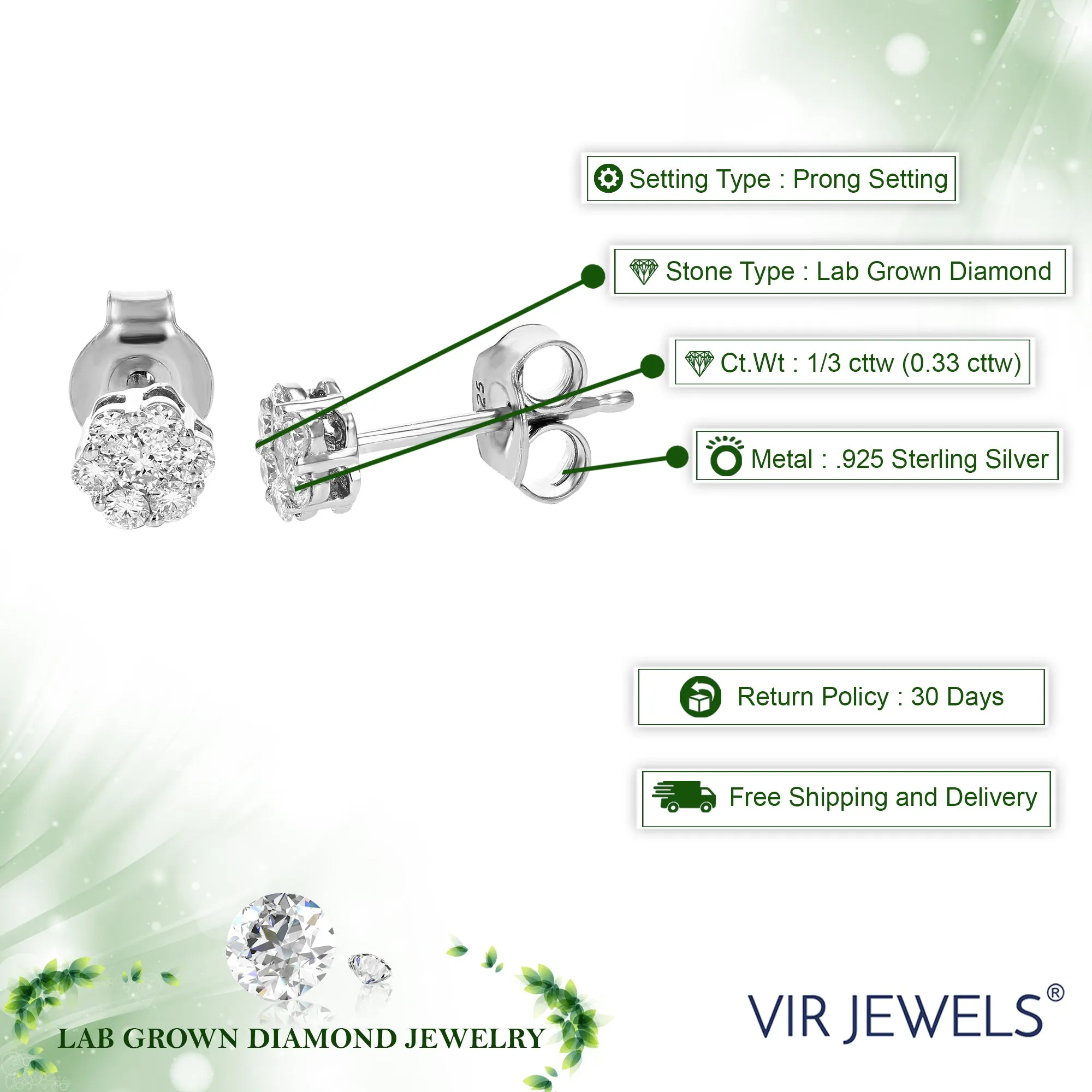 1/3 cttw Round Lab Grown Diamond Studs Earrings .925 Sterling Silver Prong Set 1/6 Inch