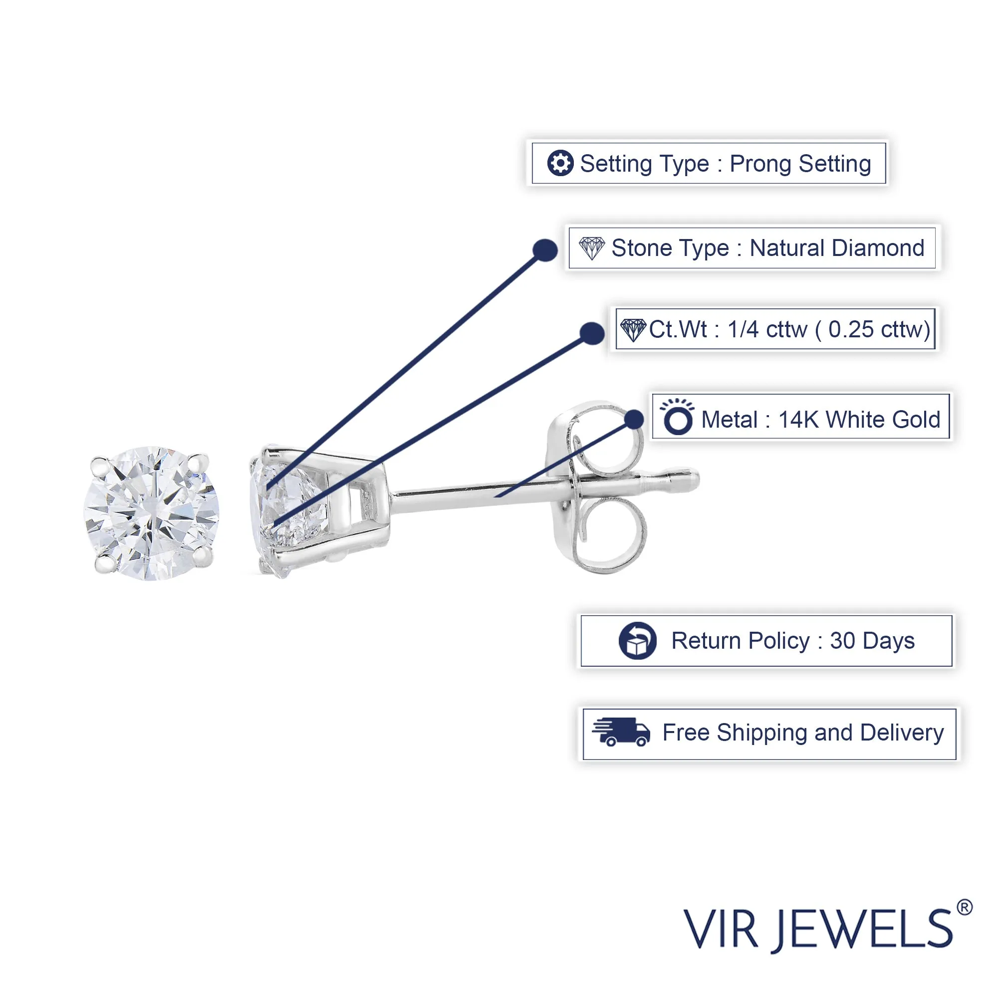 1/4 cttw Diamond Stud Earrings 14K White or Yellow Gold Push Backs Round 4 Prong Basket