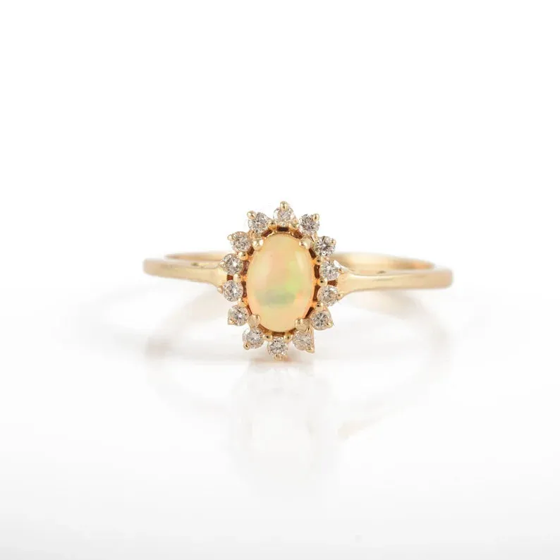 14k Gold Vermeil Fire Opal Halo Ring - Opal Statement Rings