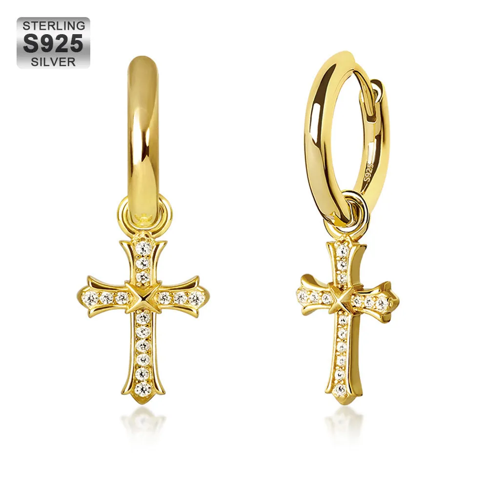 14K Gold/White Gold Diamond Dangle Cross Mens Earrings (15mm) KRKC