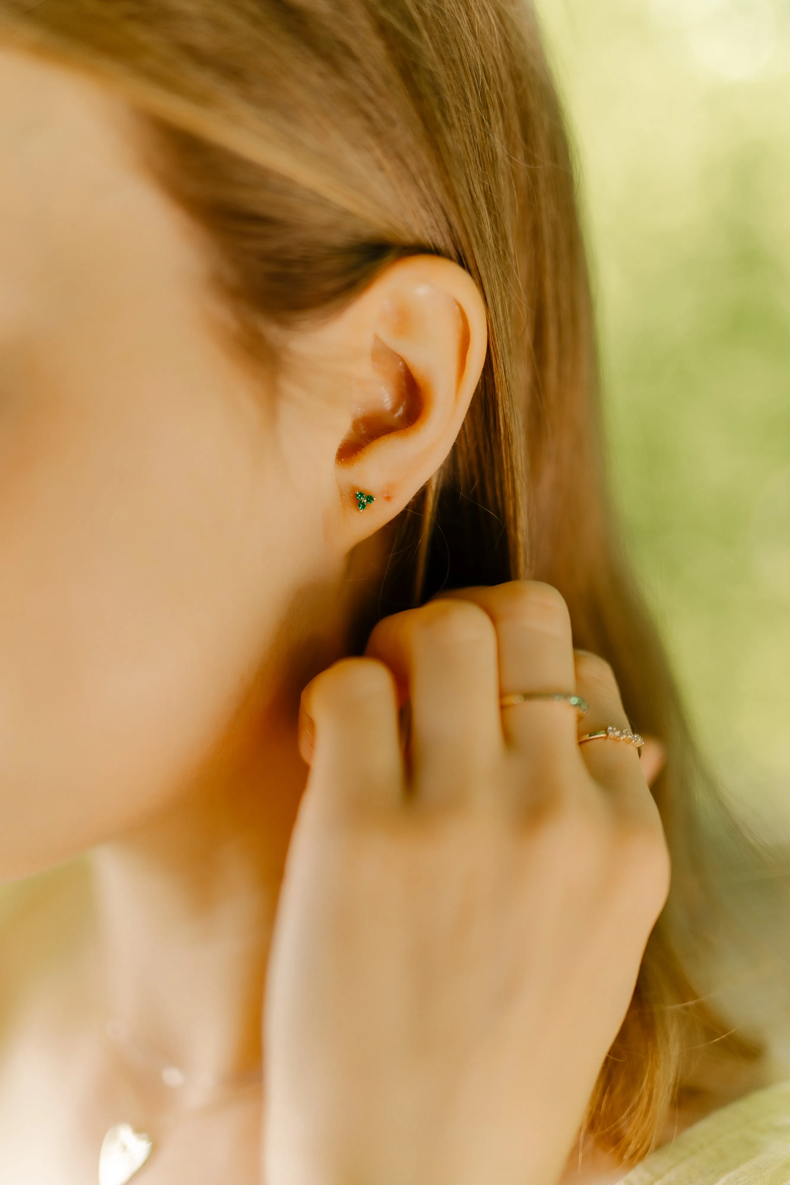 14K Solid Gold Lily Emerald Studs Earrings