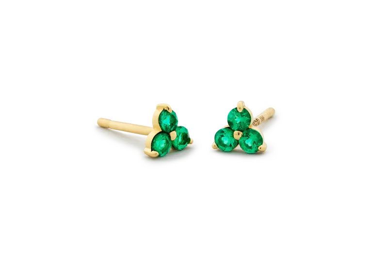 14K Solid Gold Lily Emerald Studs Earrings