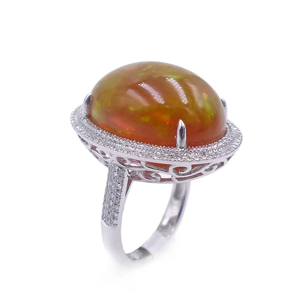 14K White Gold Diamond Mexican Fire Opal Ring