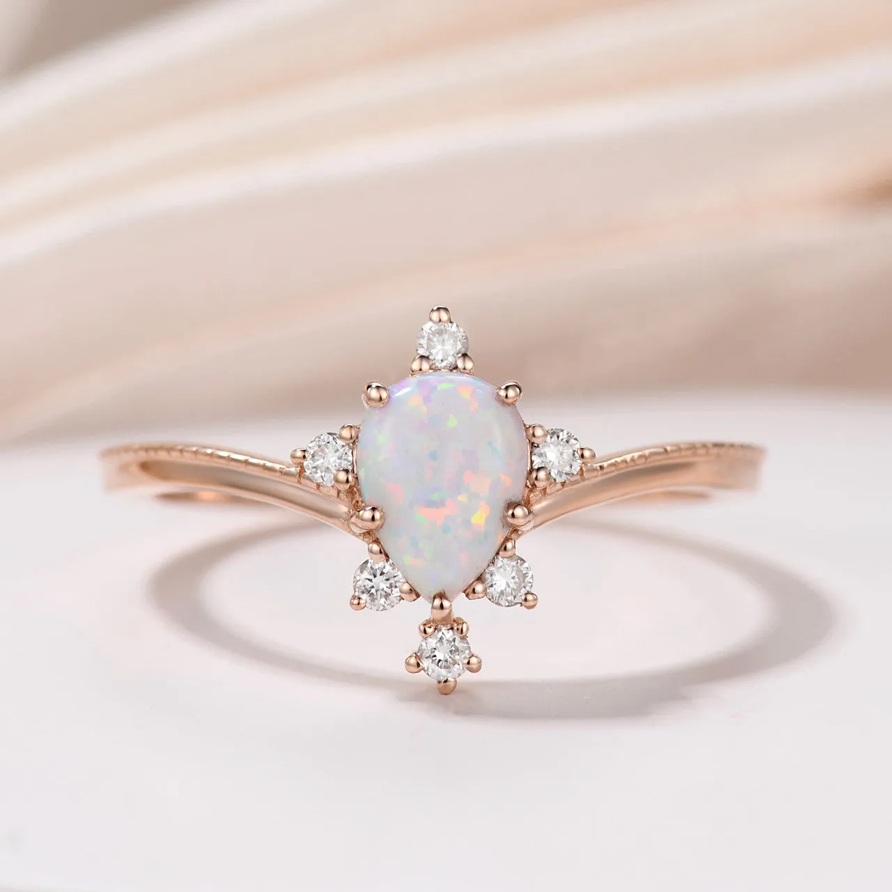 14K White Gold Vintage Pear Shaped Opal Milgrain Diamond Engagement Ring