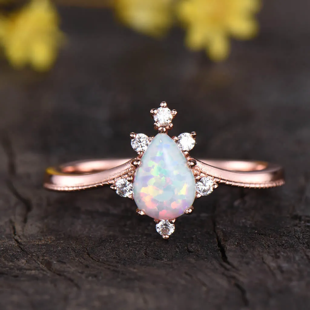 14K White Gold Vintage Pear Shaped Opal Milgrain Diamond Engagement Ring