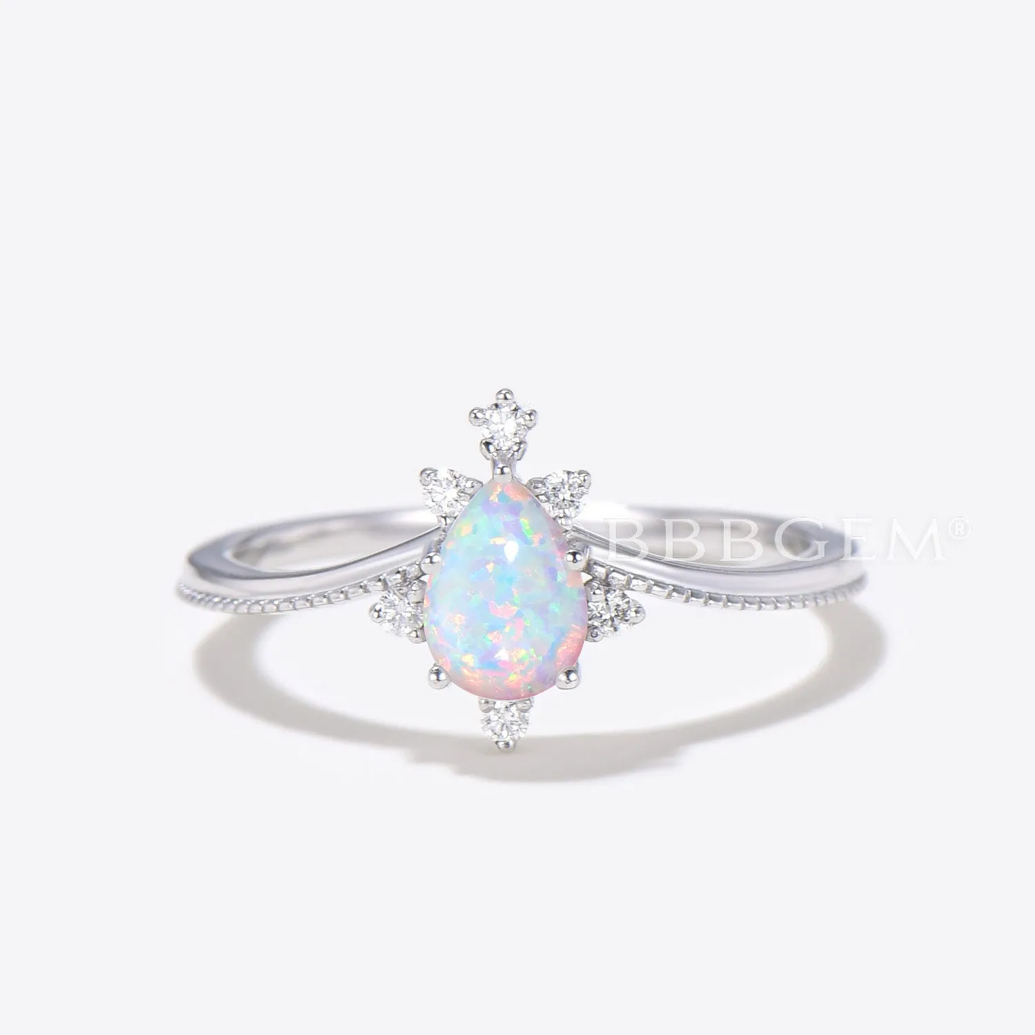 14K White Gold Vintage Pear Shaped Opal Milgrain Diamond Engagement Ring