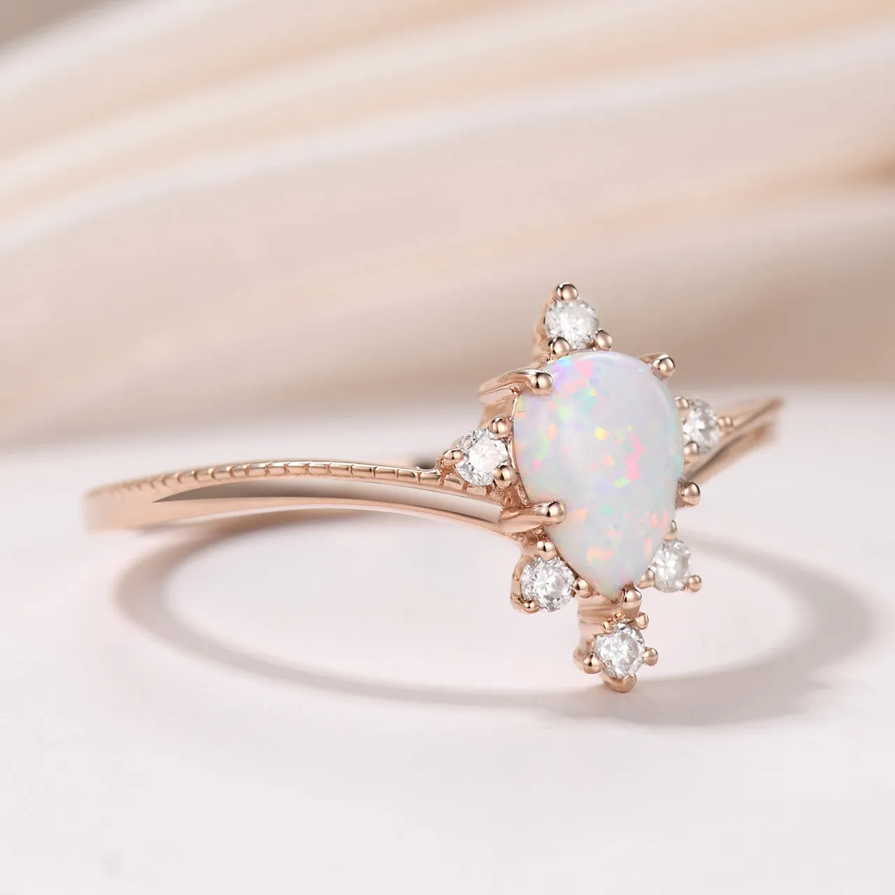 14K White Gold Vintage Pear Shaped Opal Milgrain Diamond Engagement Ring