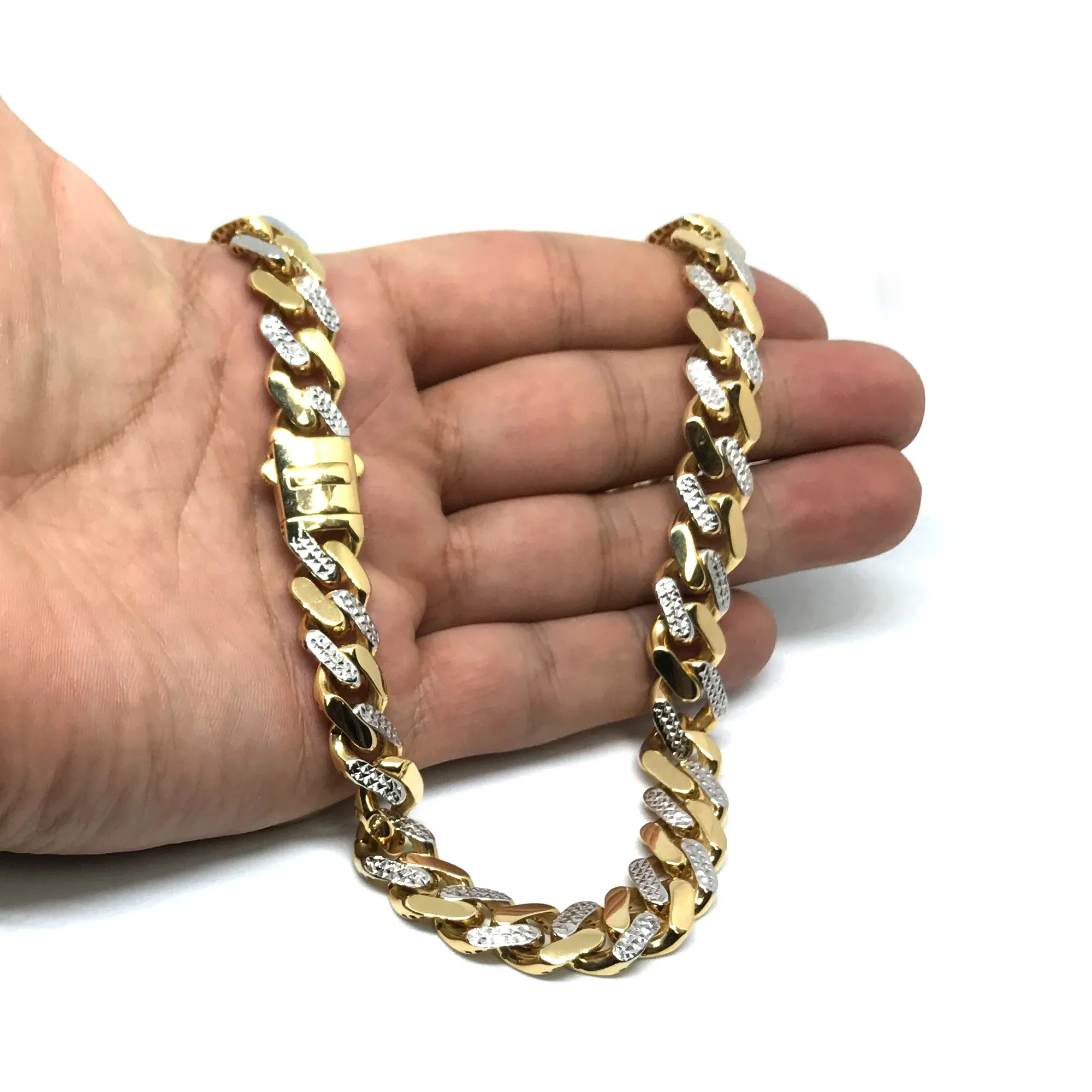 14k Yellow And White Gold Miami Cuban Pave Link Chain Necklace, Width 11.3mm, 24