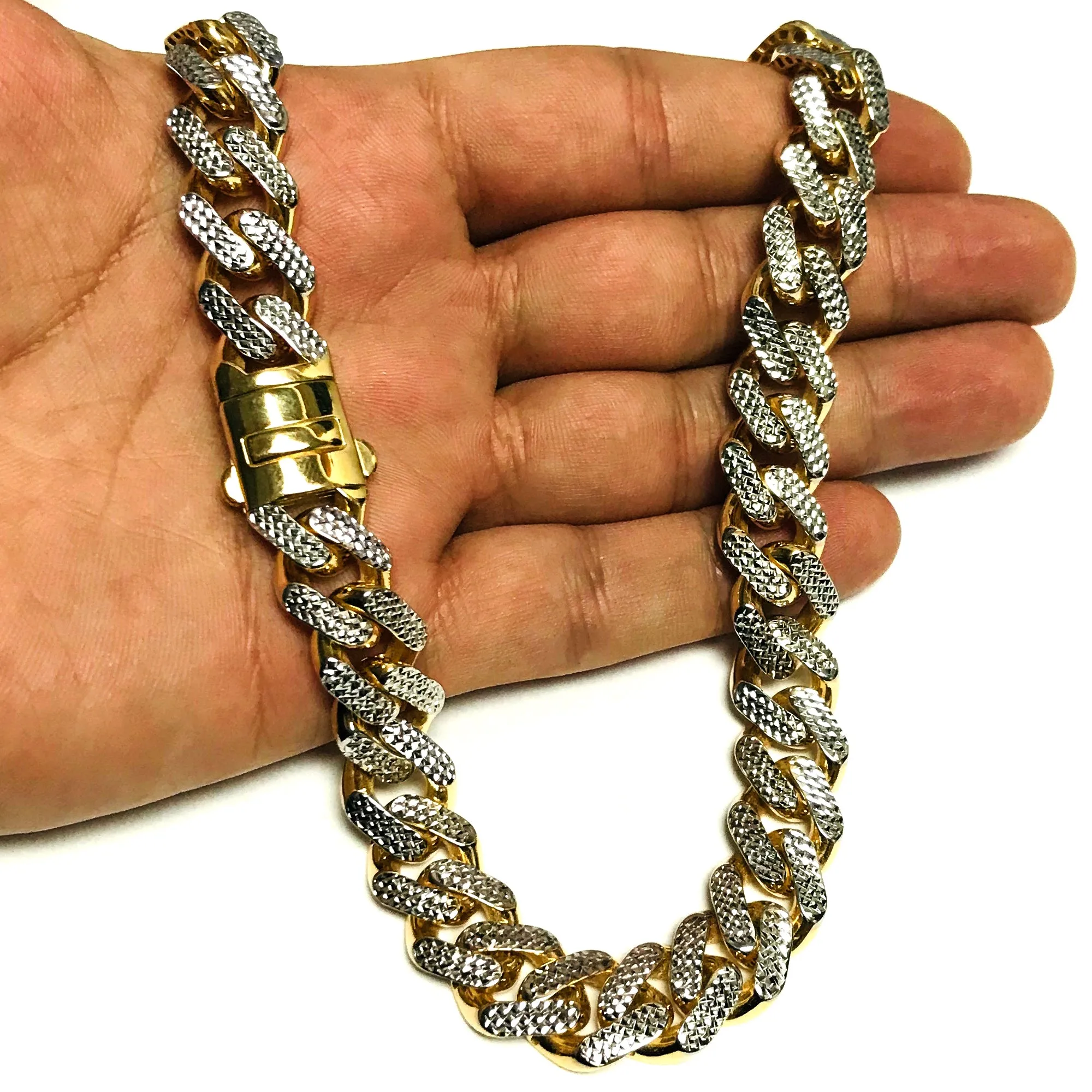 14k Yellow And White Gold Miami Cuban Pave Link Chain Necklace, Width 13.5mm, 24