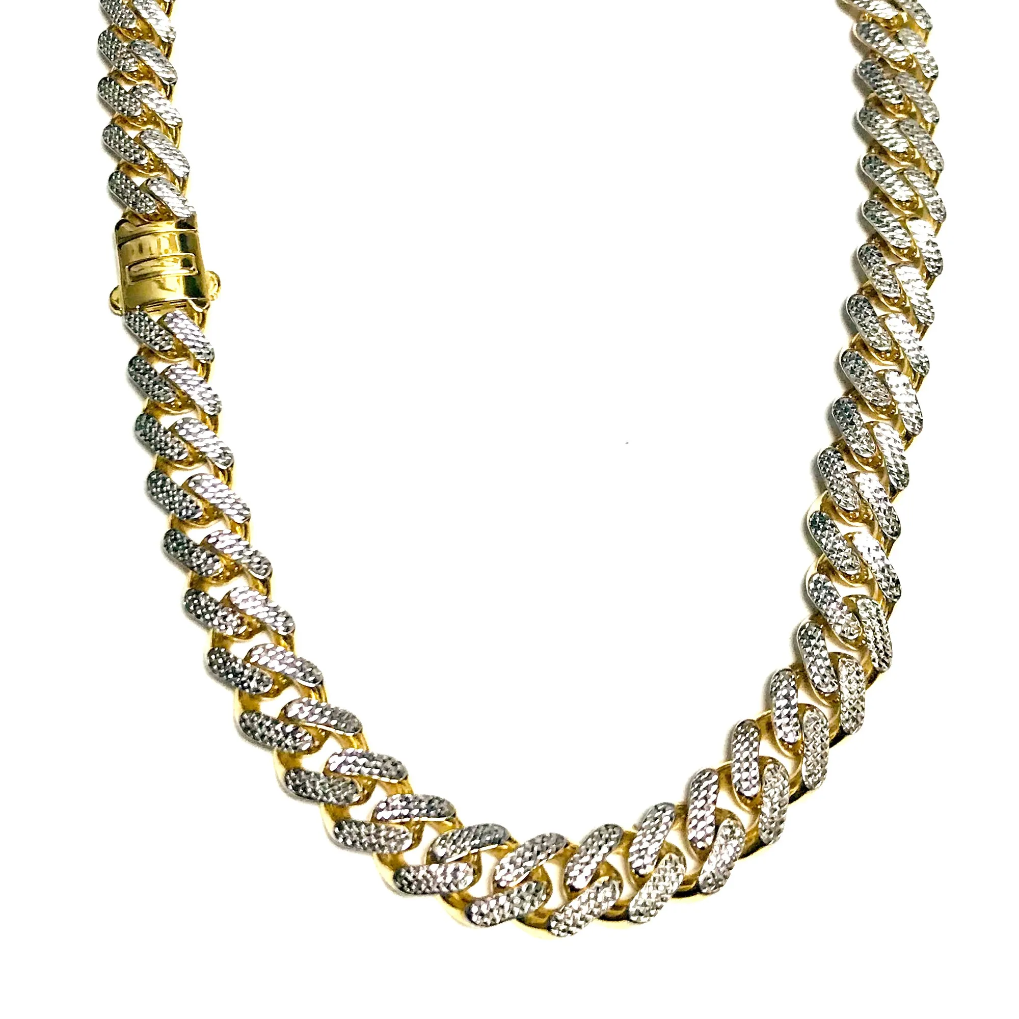 14k Yellow And White Gold Miami Cuban Pave Link Chain Necklace, Width 13.5mm, 24