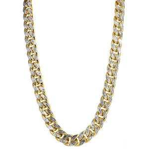 14k Yellow And White Gold Miami Cuban Pave Link Chain Necklace, Width 13.5mm, 24