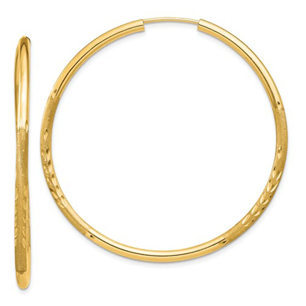 14k Yellow Gold Diamond Cut Endless Hoop Earrings (2mm), All Sizes