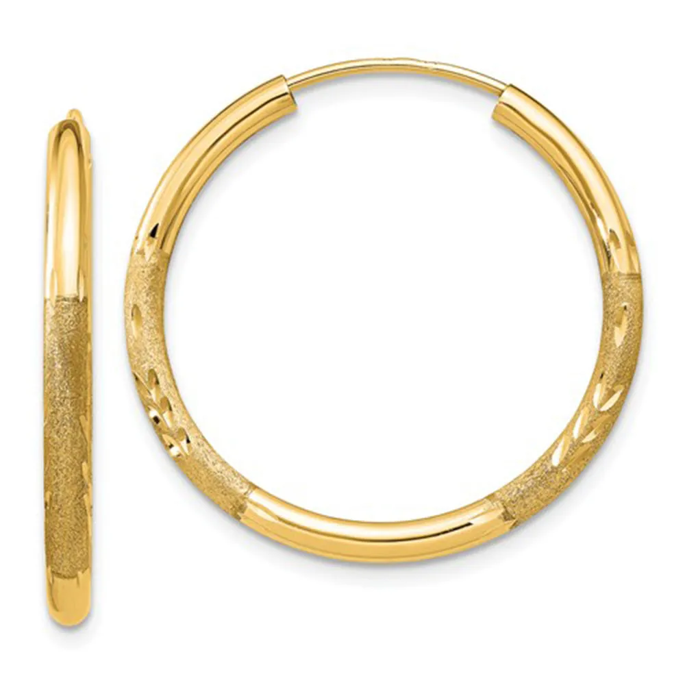 14k Yellow Gold Diamond Cut Endless Hoop Earrings (2mm), All Sizes