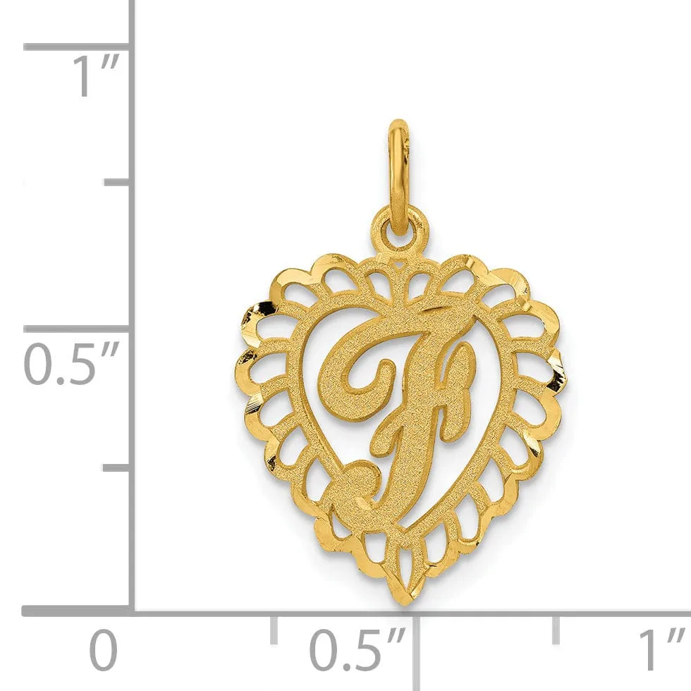 14k Yellow Gold Heart Shape Script Design Letter F Charm Pendant