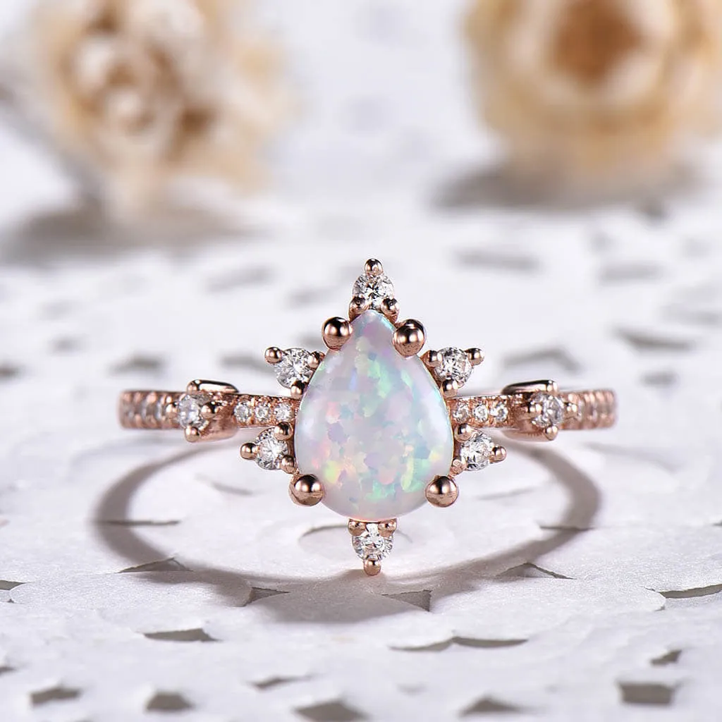 14K/18K Gold 5x7mm Pear Shaped White Opal Diamond Engagement Ring Art Deco