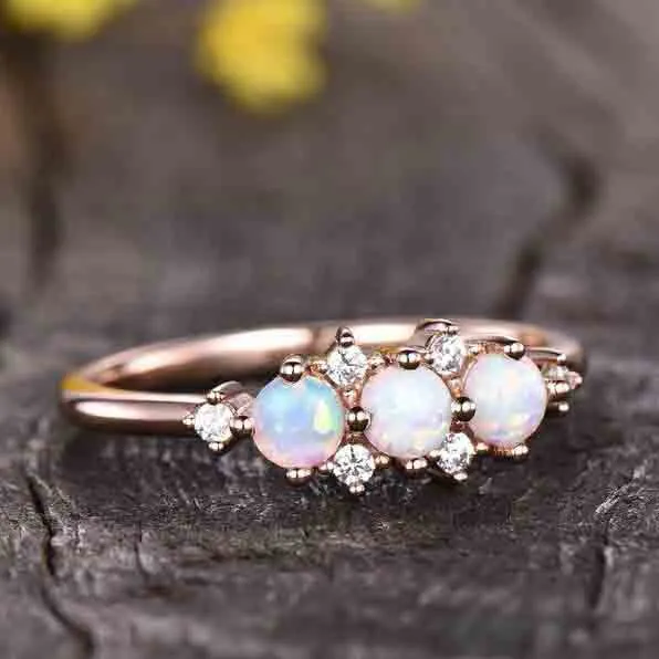 14K/18K Gold Antique White Opal Diamond Rose Gold Engagement Ring Three Stone