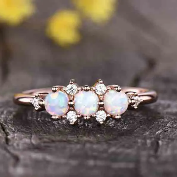 14K/18K Gold Antique White Opal Diamond Rose Gold Engagement Ring Three Stone