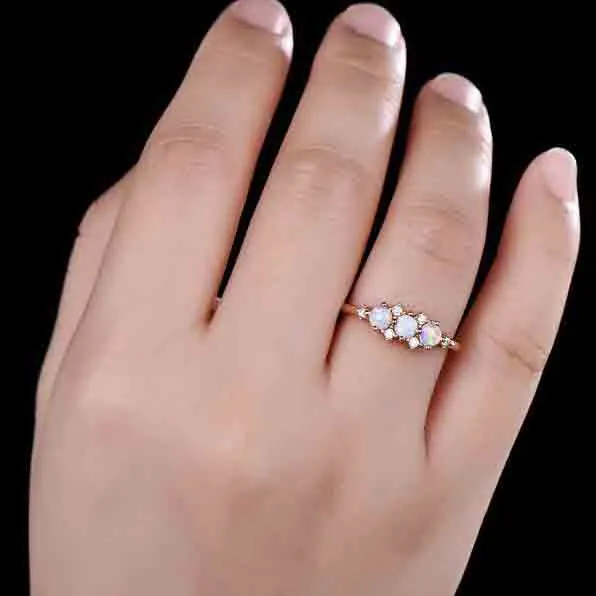 14K/18K Gold Antique White Opal Diamond Rose Gold Engagement Ring Three Stone