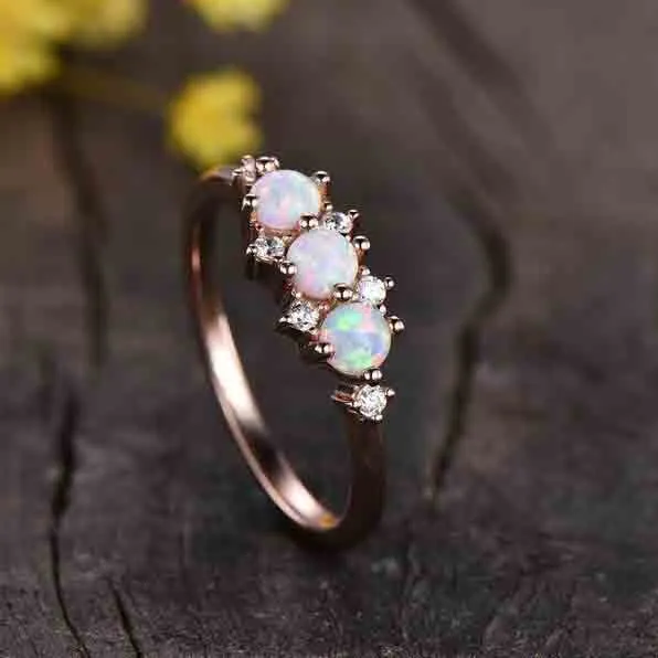 14K/18K Gold Antique White Opal Diamond Rose Gold Engagement Ring Three Stone