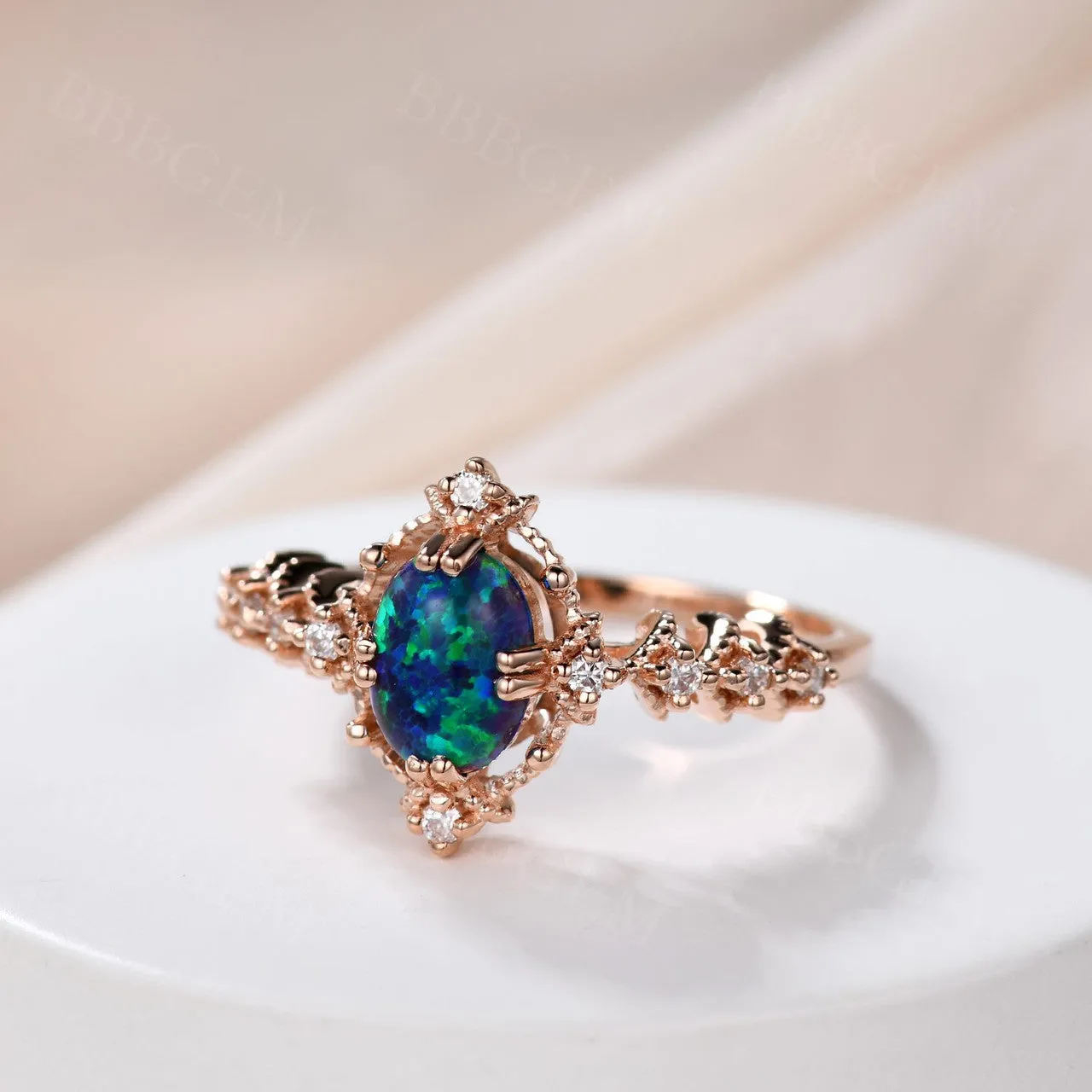 14K/18K  Vintage Black Opal Engagement Ring Diamond Band Promise Jewelry