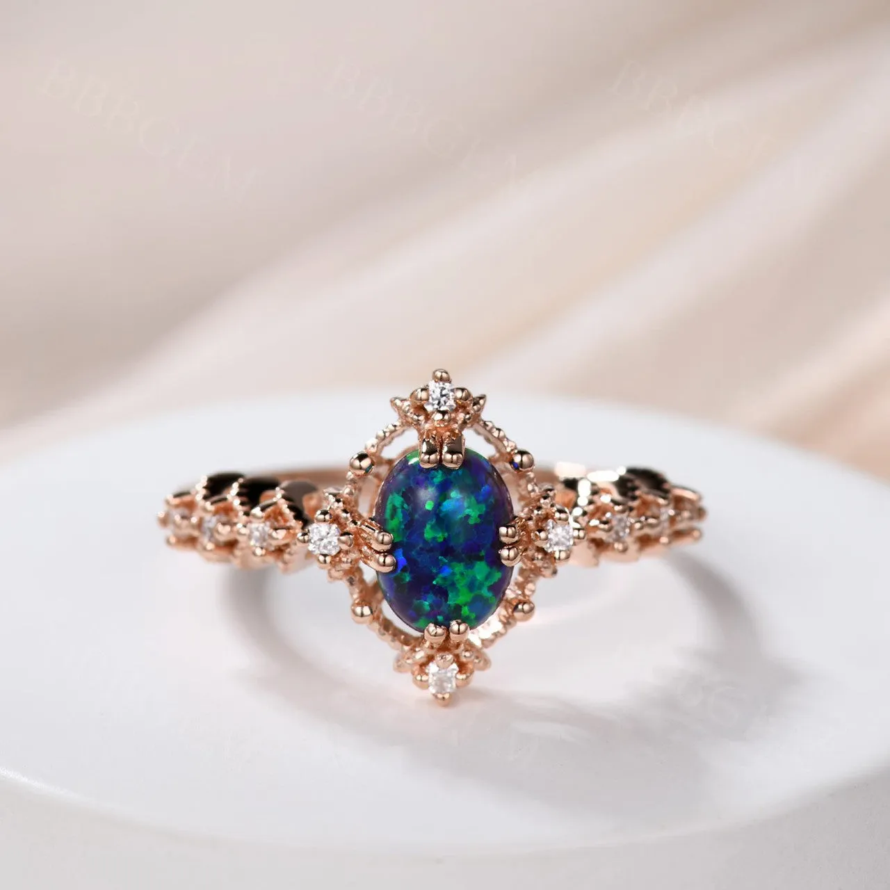 14K/18K  Vintage Black Opal Engagement Ring Diamond Band Promise Jewelry