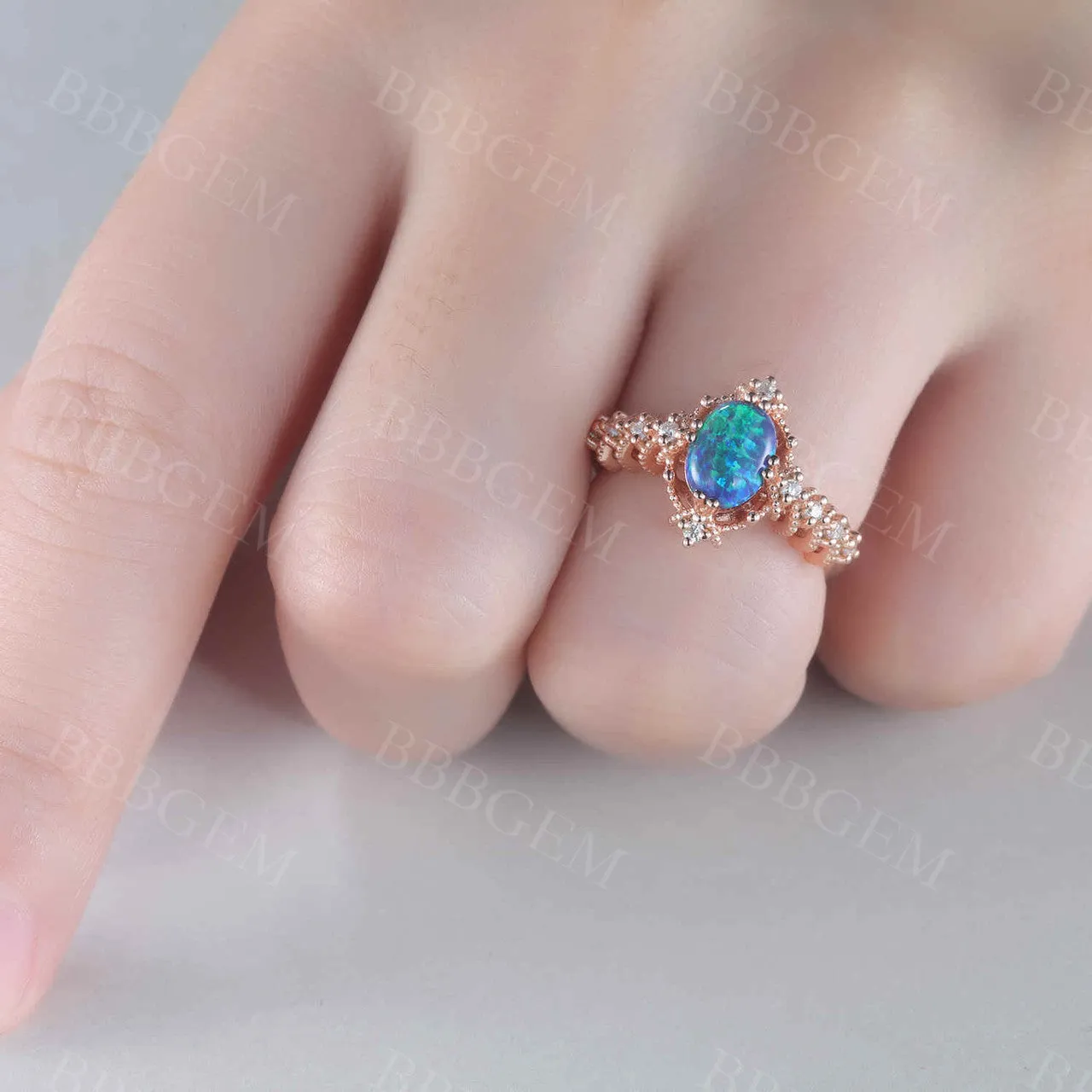 14K/18K  Vintage Black Opal Engagement Ring Diamond Band Promise Jewelry