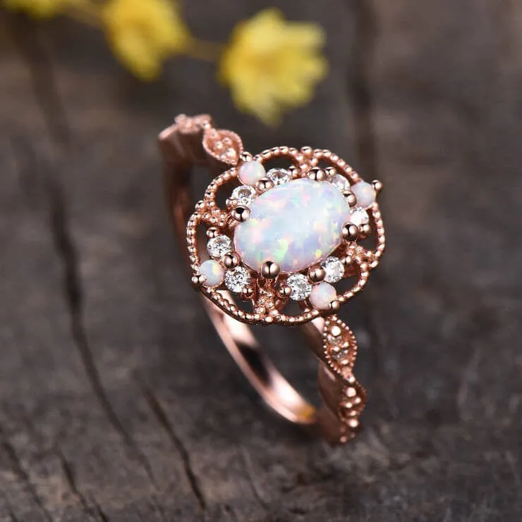 14K/18K Vintage Filigree Opal Engagement Ring