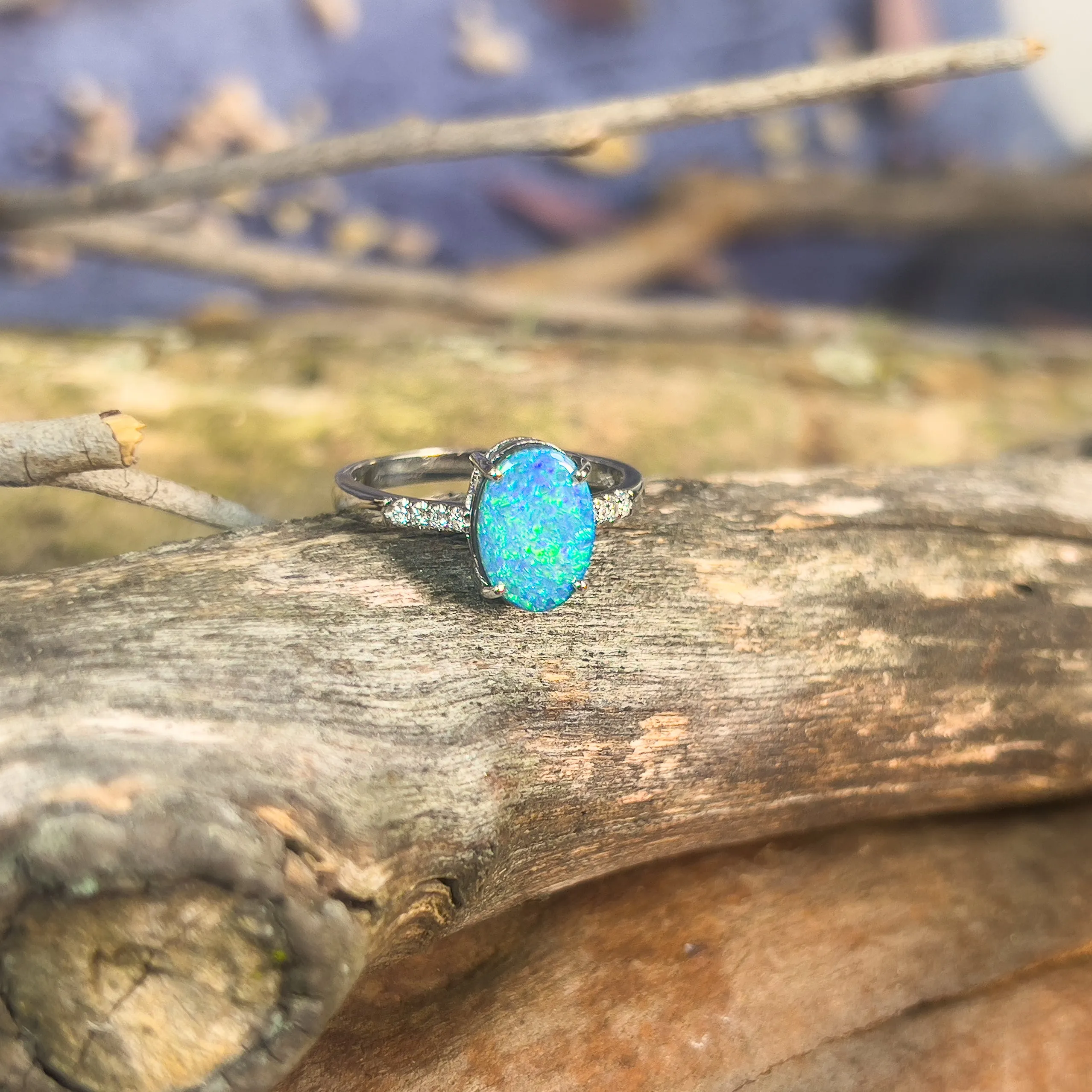 14kt White Gold Black Opal doublet 1.65ct with diamonds ring