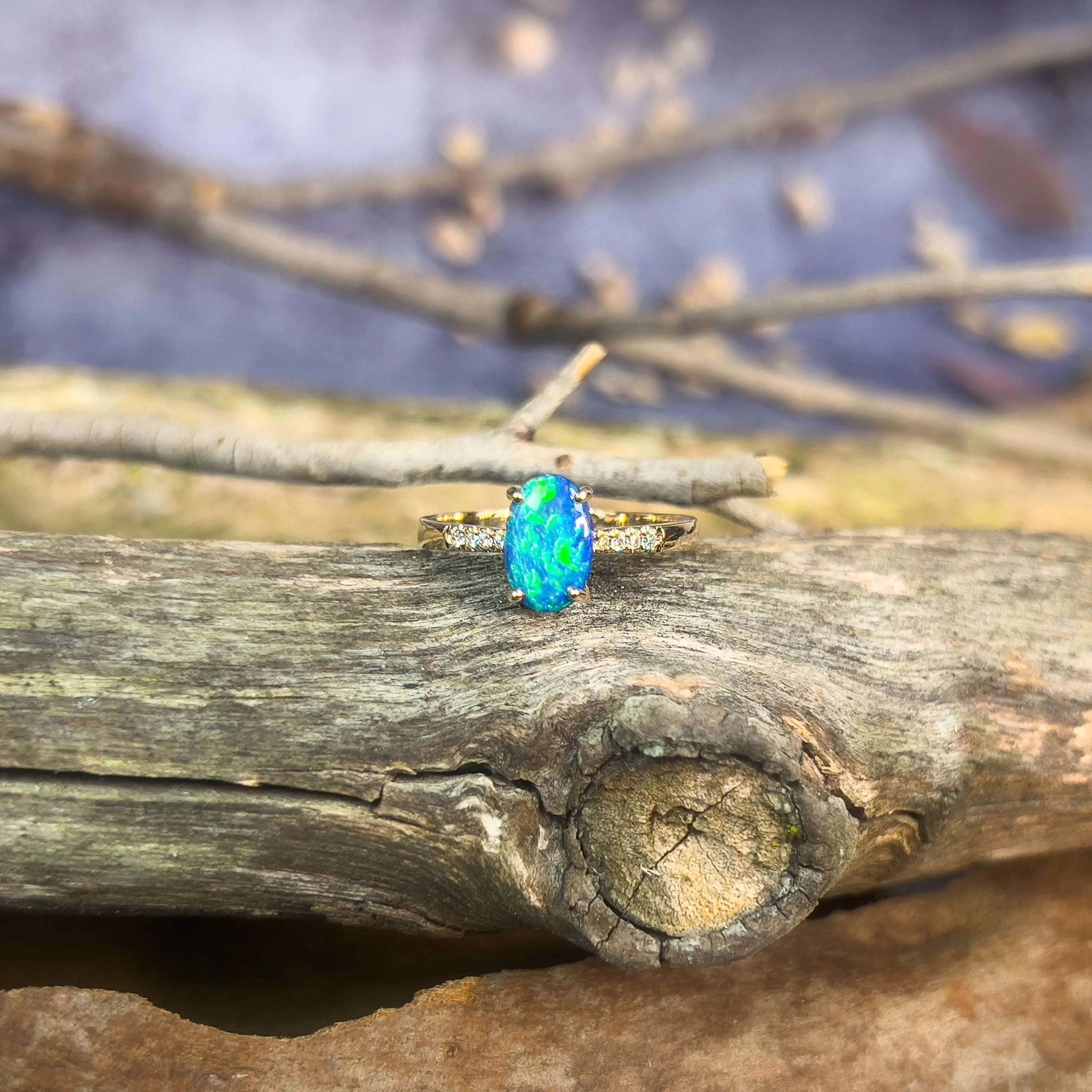 14kt Yellow Gold Black Opal 1.17ct and DIamond ring