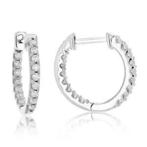 1/5 cttw Inside Out Diamond Hoop Earrings .925 Sterling Silver 32 Stones 1/2 Inch Prong Set