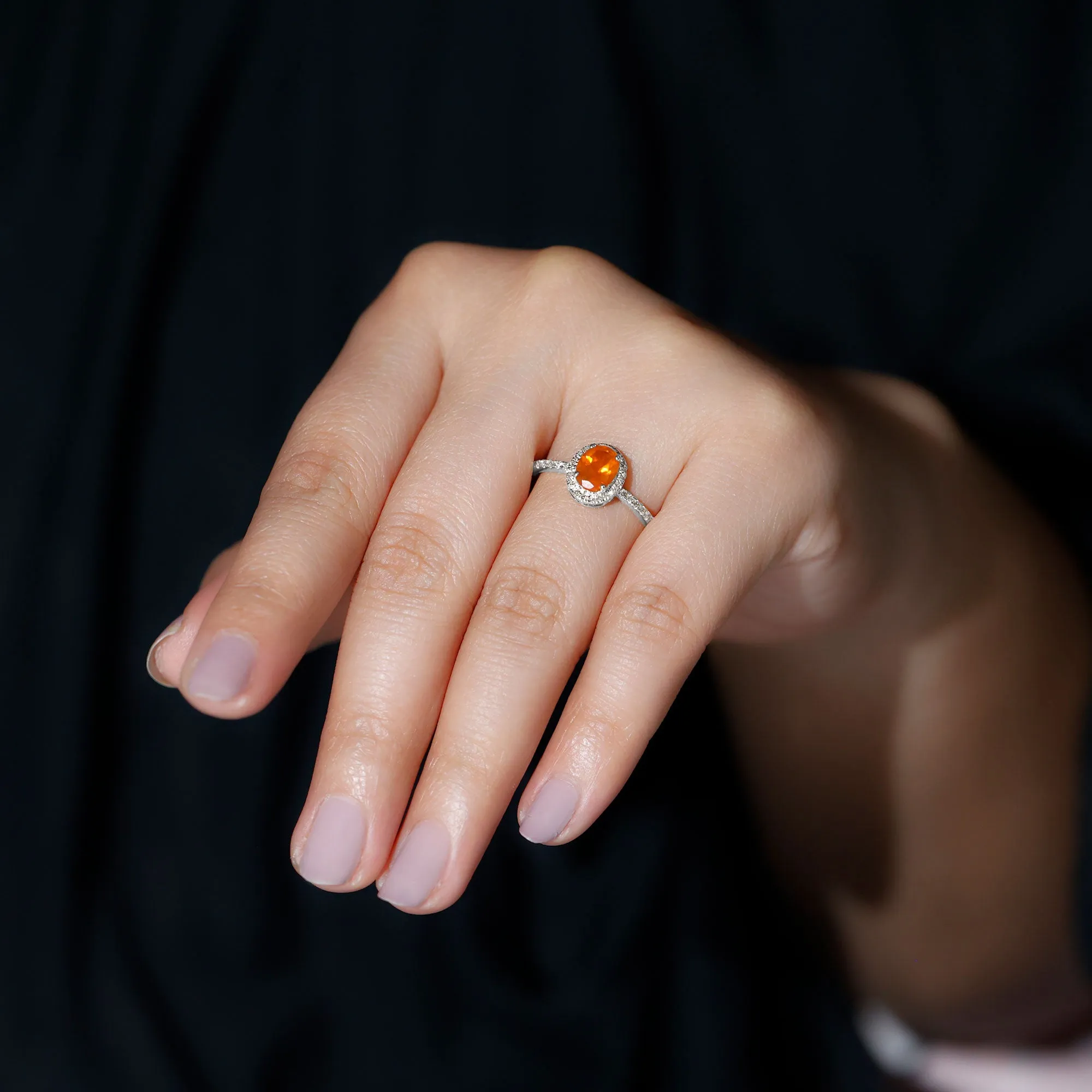 1.50 CT Oval Fire Opal Engagement Ring with Diamond Halo and Side Stones