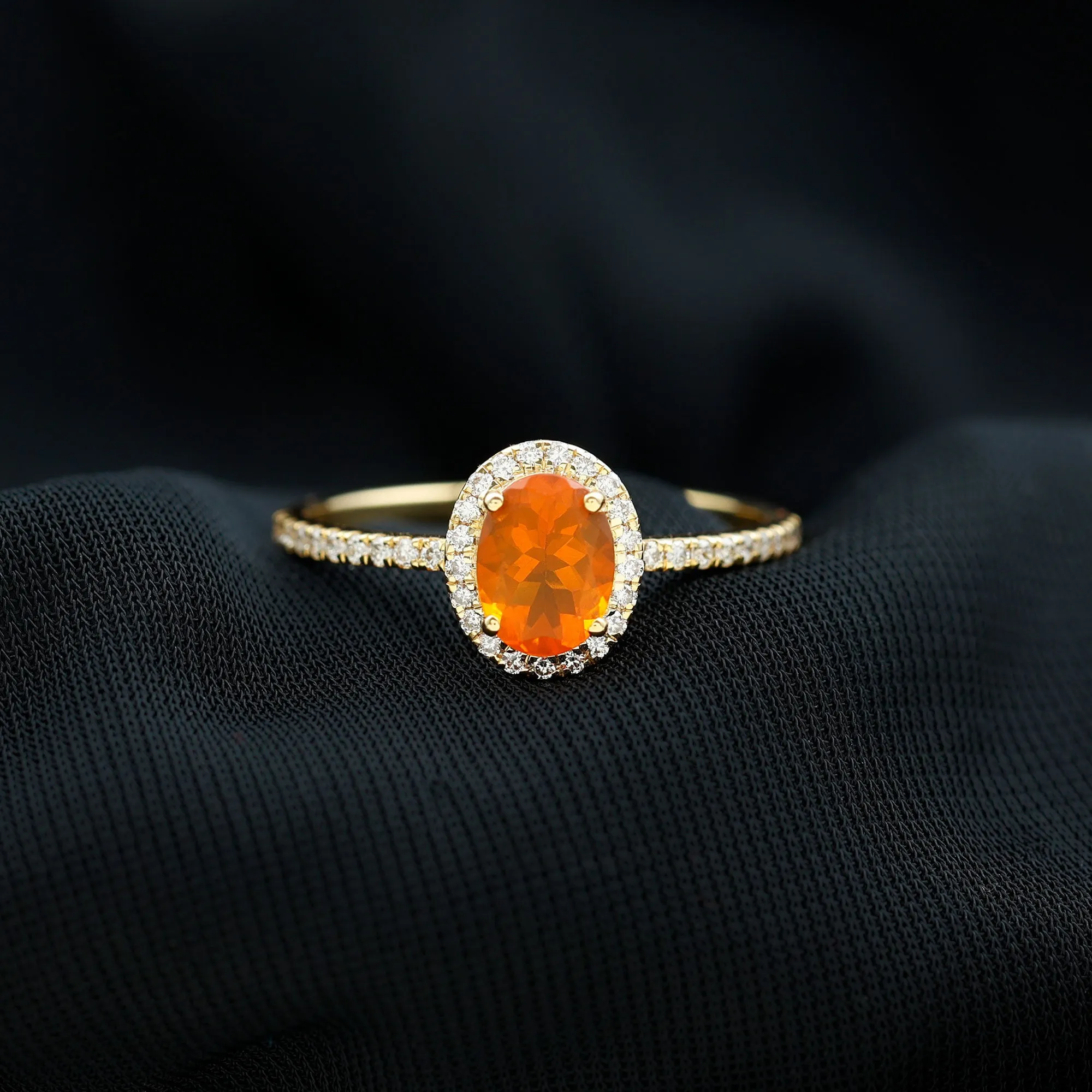 1.50 CT Oval Fire Opal Engagement Ring with Diamond Halo and Side Stones