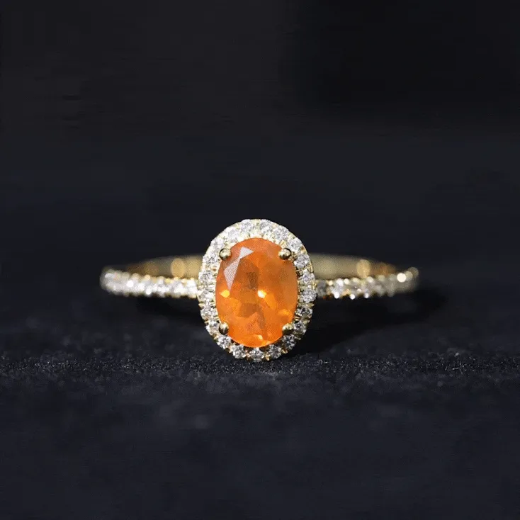 1.50 CT Oval Fire Opal Engagement Ring with Diamond Halo and Side Stones