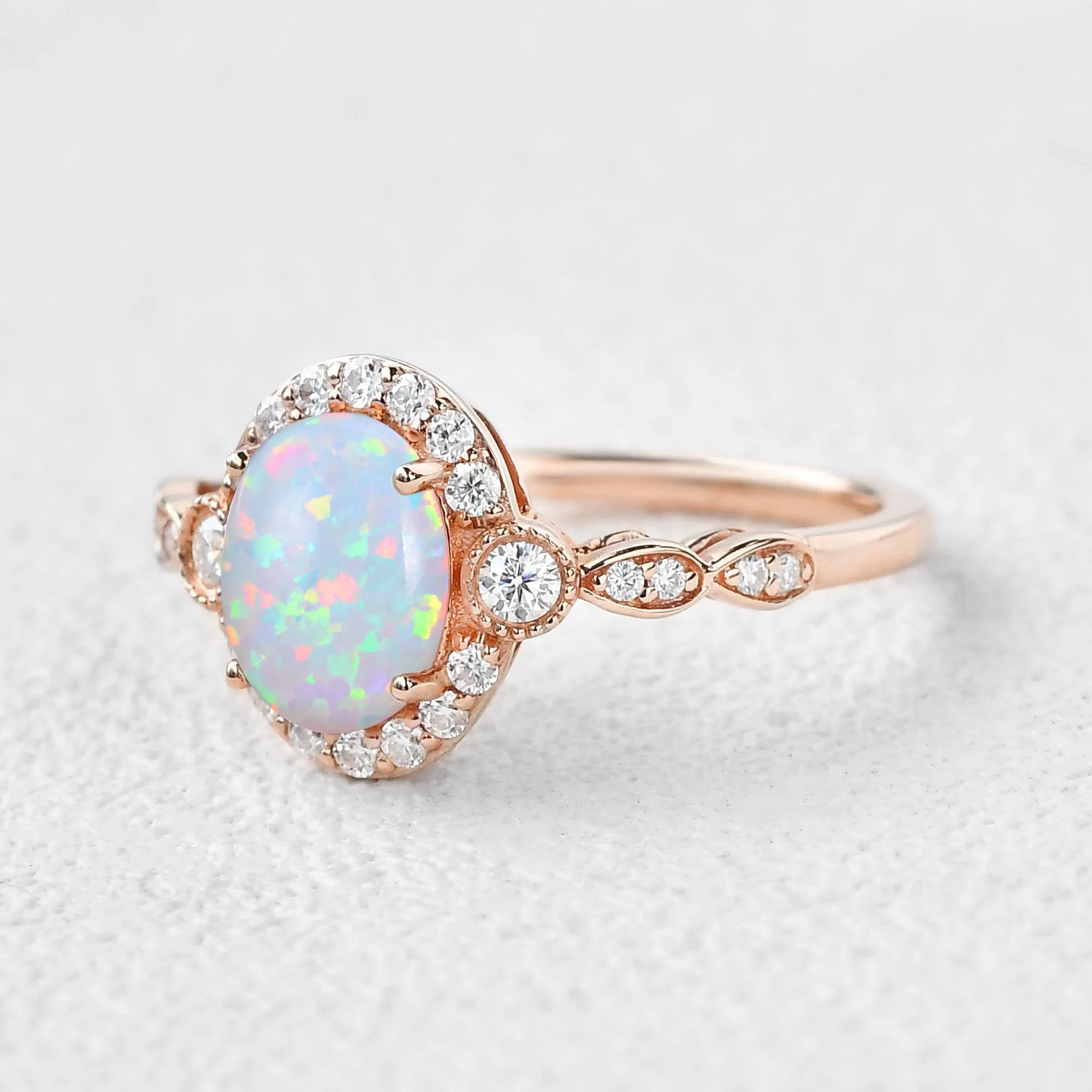 1.5ct Oval Cut Opal Vintage Halo Ring