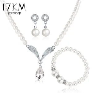 17KM Imitation Pearl Water Drop Jewelry Sets Necklaces Silver Color Crystal Earrings Bracelet for Women Statement Bijoux Femm