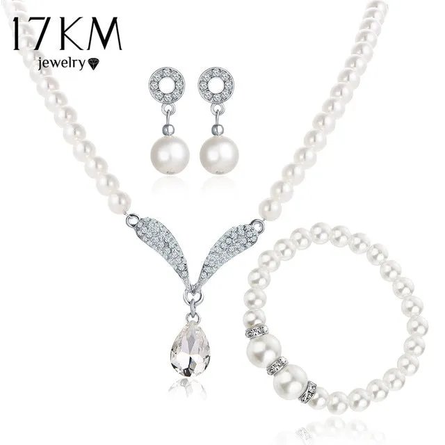 17KM Imitation Pearl Water Drop Jewelry Sets Necklaces Silver Color Crystal Earrings Bracelet for Women Statement Bijoux Femm