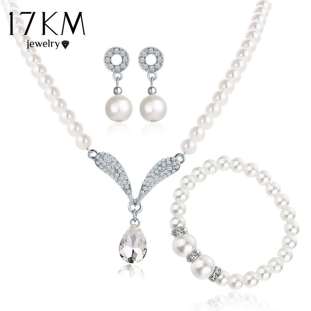 17KM Imitation Pearl Water Drop Jewelry Sets Necklaces Silver Color Crystal Earrings Bracelet for Women Statement Bijoux Femm