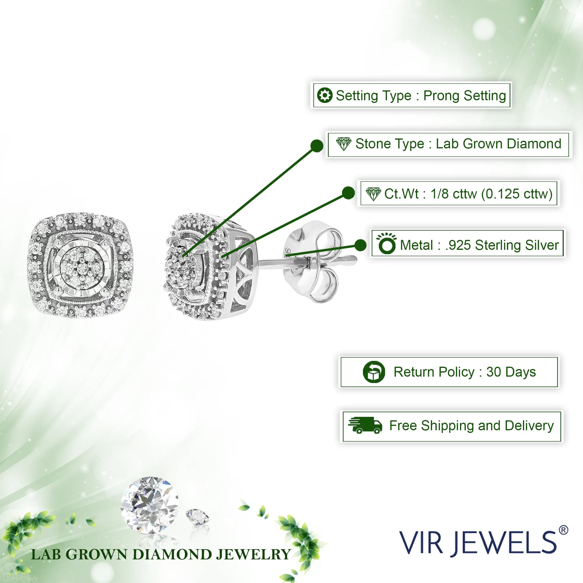 1/8 cttw 46 Stones Round Lab Grown Diamond Studs Earrings .925 Sterling Silver Prong Set Square Shape