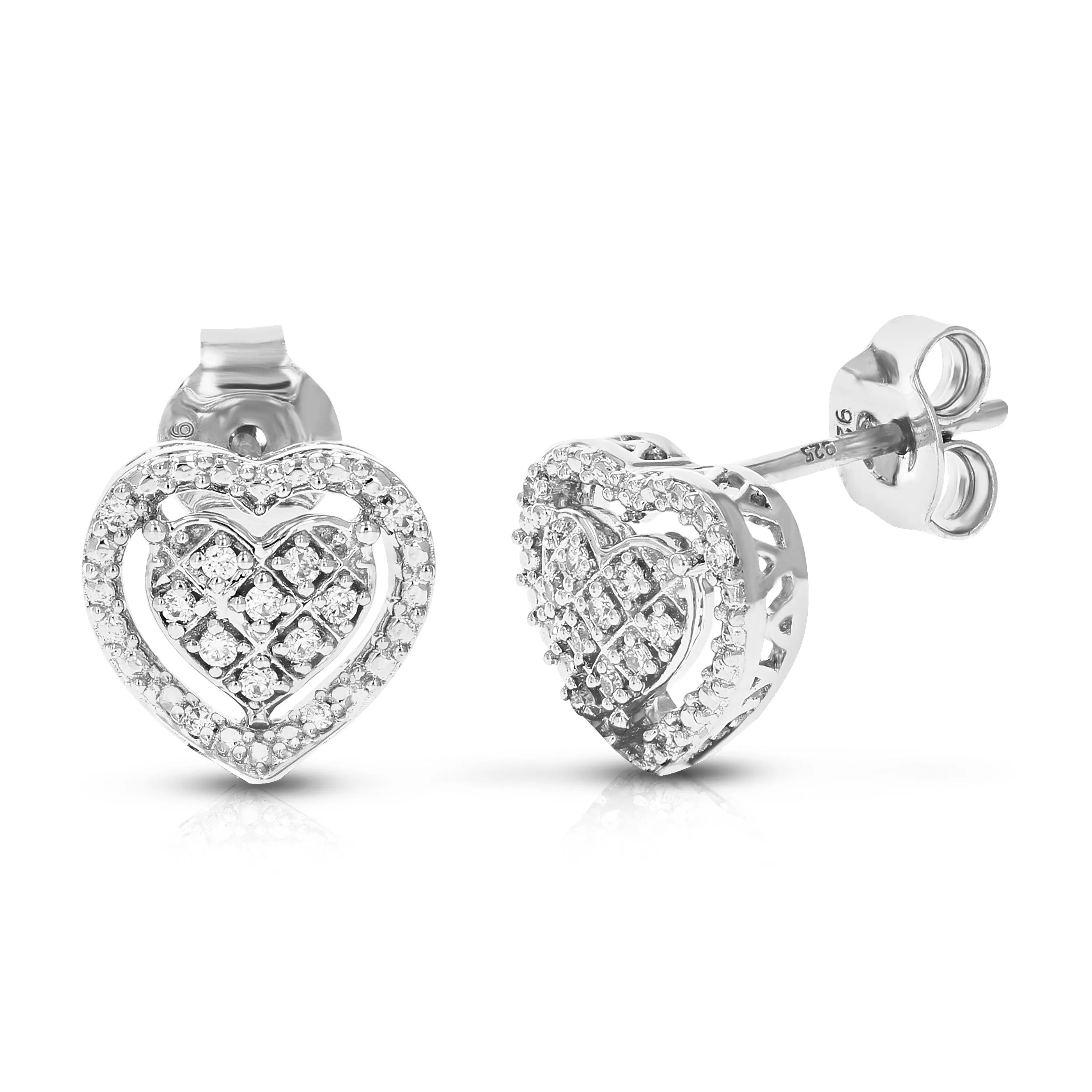 1/8 cttw Lab Grown Diamond Dangle Heart Earrings in Sterling Silver