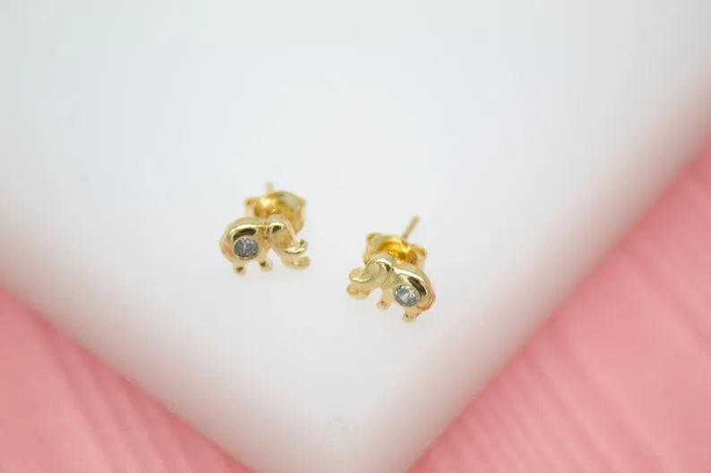 18K Gold Filled Elephant Stud Earrings With A CZ Cubic Zirconia Stone